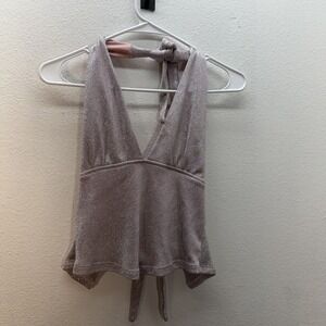 Y2K Pink Metallic Glitter Babydoll Halter Top Party Night Out Cropped SZ M